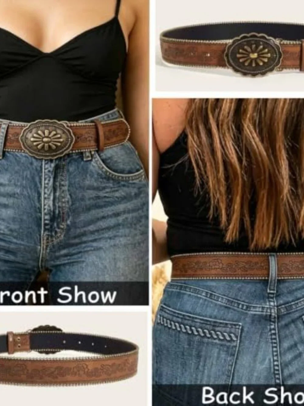 Women Western Belt with Heart Embossed Buckle Vintage Brown Belt for Jeans Pant